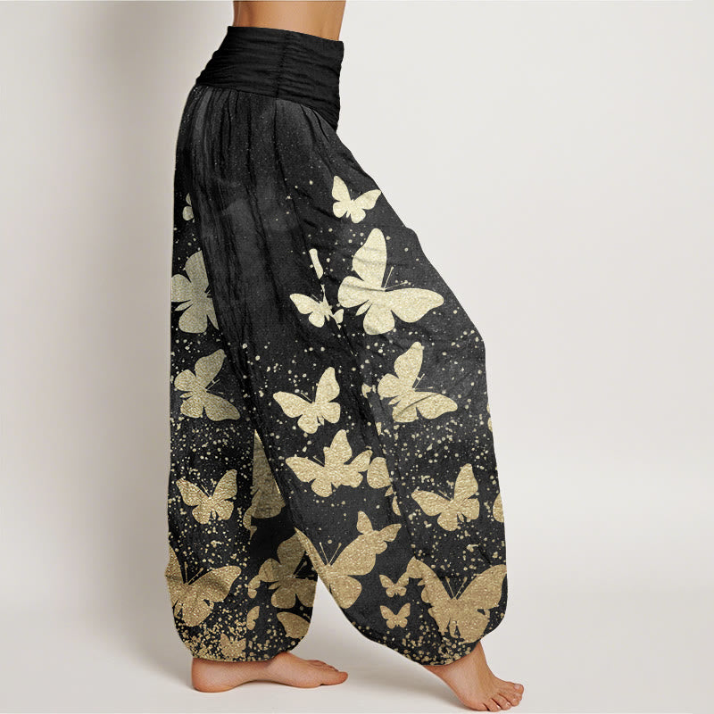 Buddha Stones Pure Cotton Casual Golden Butterfly Pattern Women's Elastic Waist Harem Pants - image 11