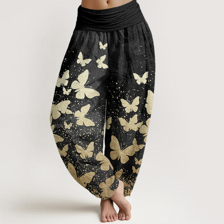 Buddha Stones Pure Cotton Casual Golden Butterfly Pattern Women's Elastic Waist Harem Pants - Black - US22，UK/AU26，EU54 (6XL) - image 9