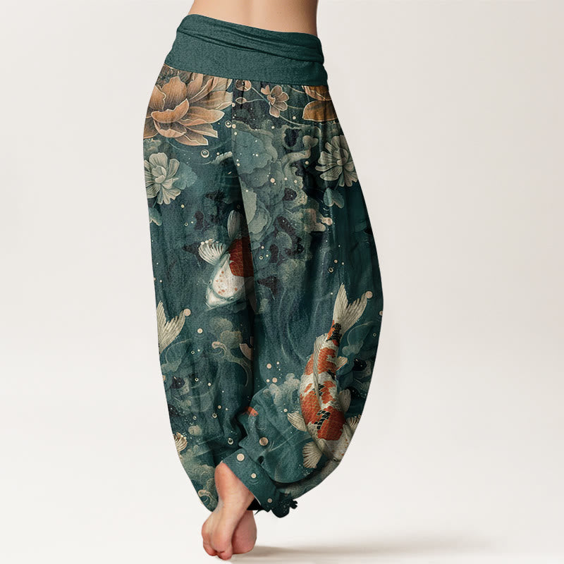Buddha Stones Pure Cotton Colorful Koi Fish Lotus Flowers Design Women's Elastic Waist Harem Pants - image 1