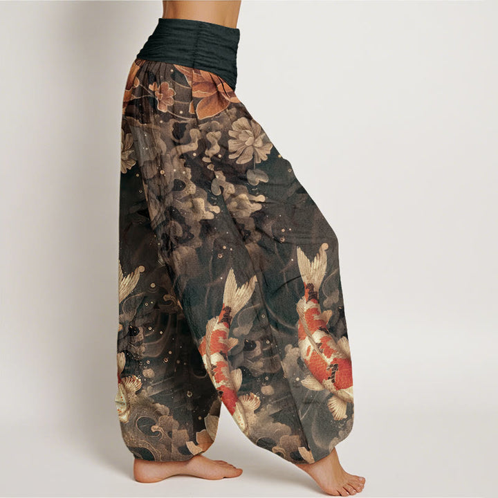 Buddha Stones Pure Cotton Colorful Koi Fish Lotus Flowers Design Women's Elastic Waist Harem Pants - image 8