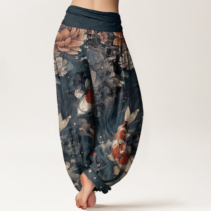 Buddha Stones Pure Cotton Colorful Koi Fish Lotus Flowers Design Women's Elastic Waist Harem Pants - image 10