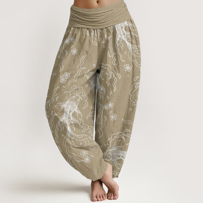 Buddha Stones Pure Cotton Casual Koi Fish Waves And Petal Line Pattern Women's Elastic Waist Harem Pants - PaleGoldenrod - US22，UK/AU26，EU54 (6XL) - image 5