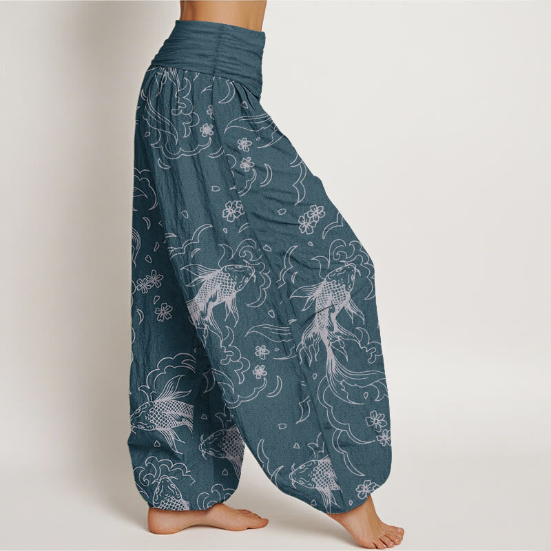 Buddha Stones Pure Cotton Casual Koi Fish Waves And Petal Line Pattern Women's Elastic Waist Harem Pants - image 10