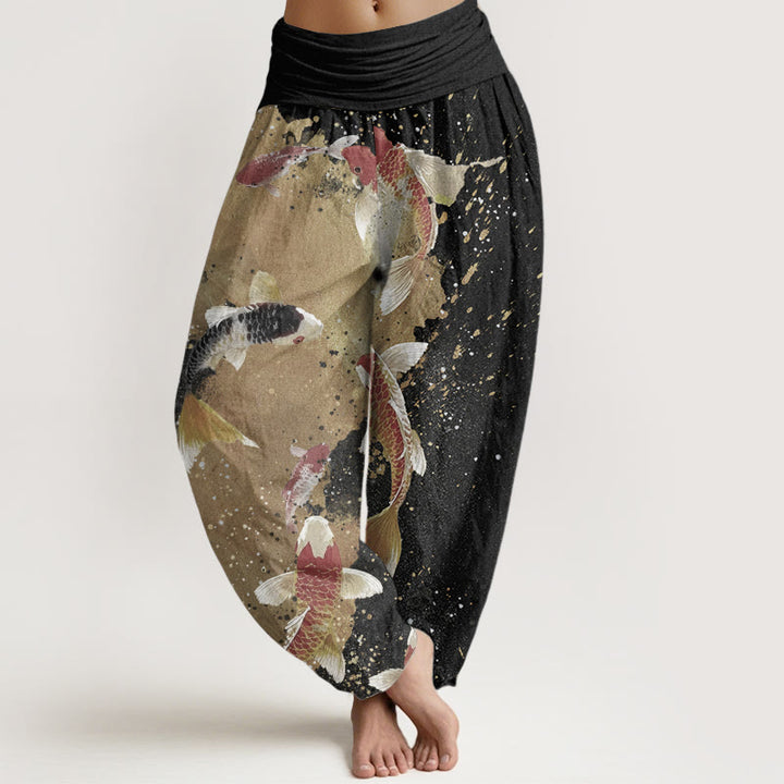Buddha Stones Pure Cotton Casual Koi Fish Gold Ink Background Pattern Women's Elastic Waist Harem Pants - Black - US22，UK/AU26，EU54 (6XL) - image 0