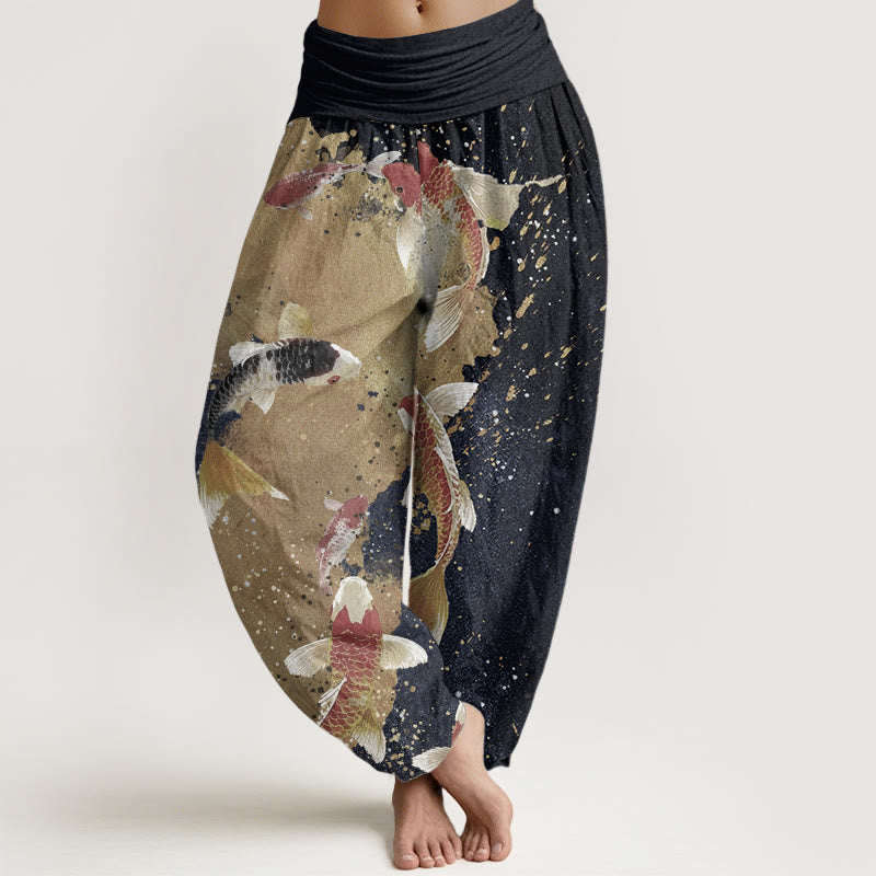Buddha Stones Pure Cotton Casual Koi Fish Gold Ink Background Pattern Women's Elastic Waist Harem Pants - MidnightBlue - US22，UK/AU26，EU54 (6XL) - image 6
