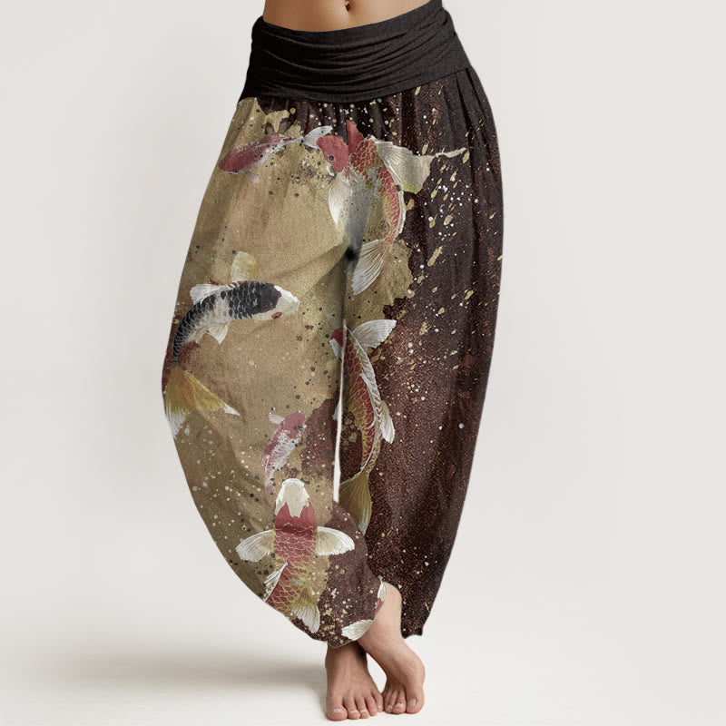 Buddha Stones Pure Cotton Casual Koi Fish Gold Ink Background Pattern Women's Elastic Waist Harem Pants - SaddleBrown - US22，UK/AU26，EU54 (6XL) - image 9