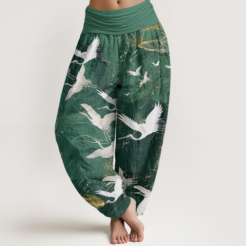 Buddha Stones Pure Cotton Flying White Cranes Auspicious Clouds Design Women's Elastic Waist Harem Pants - MediumSpringGreen - US22，UK/AU26，EU54 (6XL) - image 0