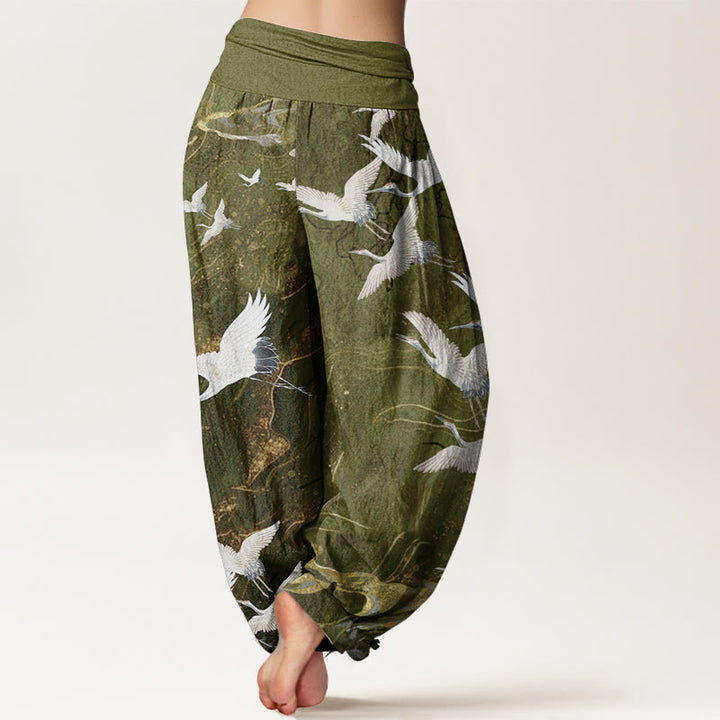Buddha Stones Pure Cotton Flying White Cranes Auspicious Clouds Design Women's Elastic Waist Harem Pants - image 10