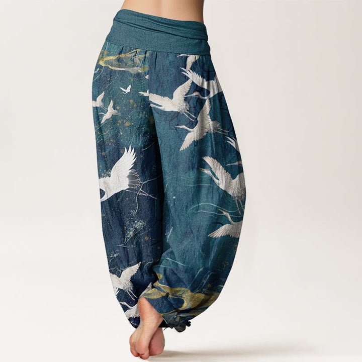 Buddha Stones Pure Cotton Flying White Cranes Auspicious Clouds Design Women's Elastic Waist Harem Pants - image 7