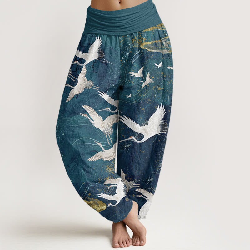 Buddha Stones Pure Cotton Flying White Cranes Auspicious Clouds Design Women's Elastic Waist Harem Pants - DarkCyan - US22，UK/AU26，EU54 (6XL) - image 6