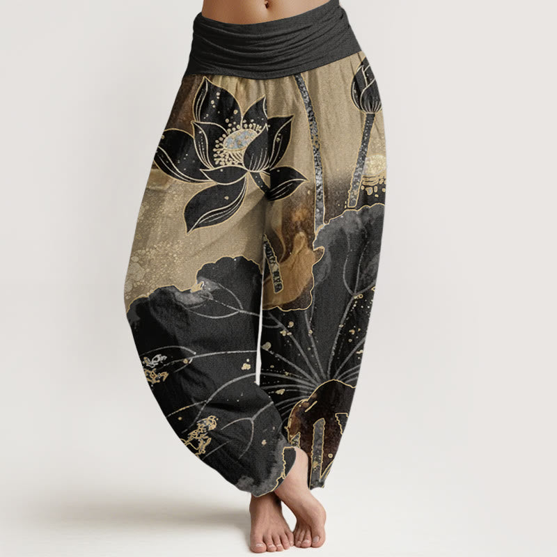 Buddha Stones Pure Cotton Casual Lotus Petal Pattern Women's Elastic Waist Harem Pants - Black - US22，UK/AU26，EU54 (6XL) - image 0