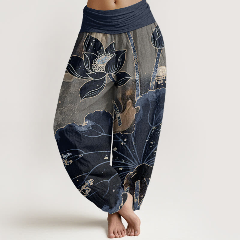Buddha Stones Pure Cotton Casual Lotus Petal Pattern Women's Elastic Waist Harem Pants - Navy - US22，UK/AU26，EU54 (6XL) - image 9