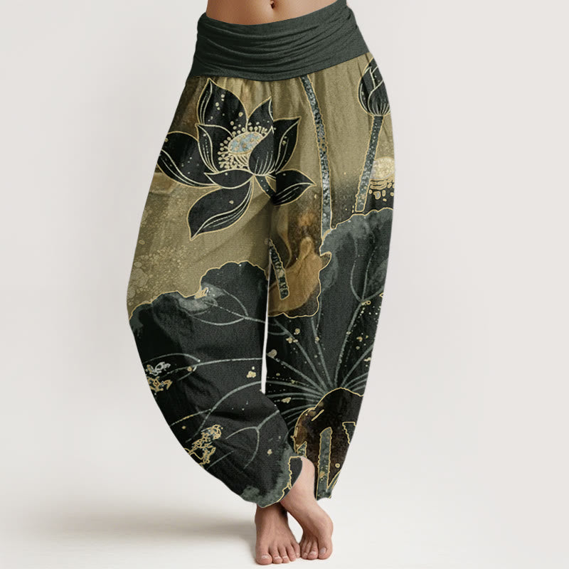 Buddha Stones Pure Cotton Casual Lotus Petal Pattern Women's Elastic Waist Harem Pants - DarkOliveGreen - US22，UK/AU26，EU54 (6XL) - image 6
