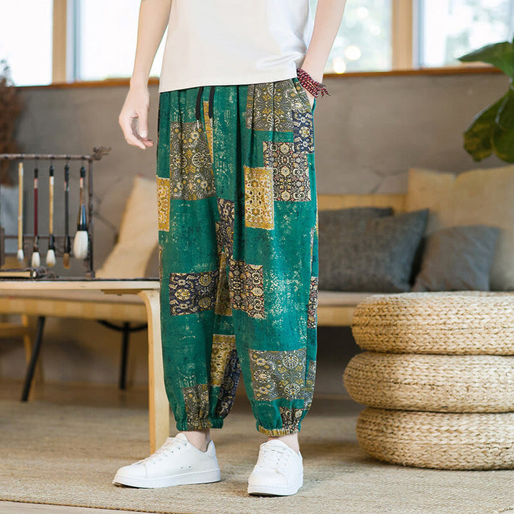 Buddha Stones Summer Square Patchwork Cotton Linen Men's Ankle-Length Harem Pants With Pockets - MediumAquamarine - US/UK/AU46，EU56 (5XL) - image 18