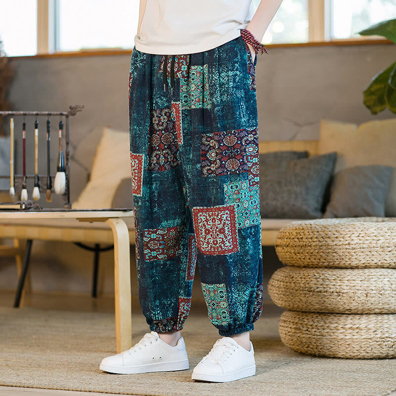 Buddha Stones Summer Square Patchwork Cotton Linen Men's Ankle-Length Harem Pants With Pockets - SteelBlue - US/UK/AU46，EU56 (5XL) - image 31