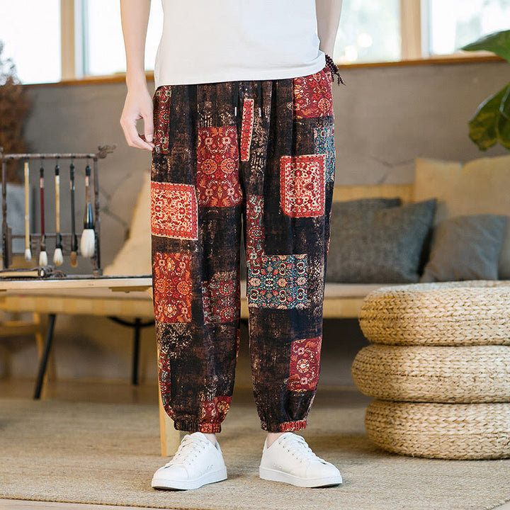 Buddha Stones Summer Square Patchwork Cotton Linen Men's Ankle-Length Harem Pants With Pockets - image 1