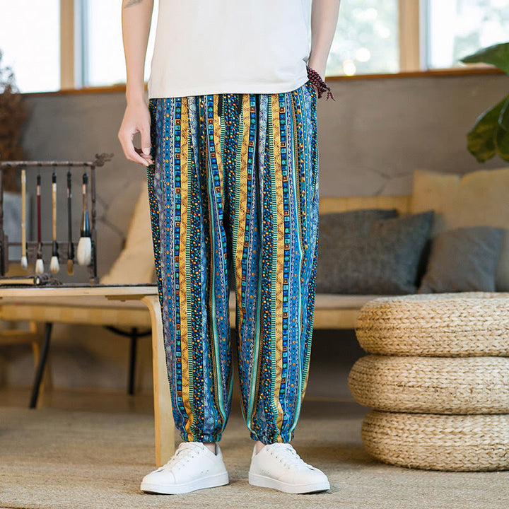 Buddha Stones Colorful Stripes Cotton Linen Men's Ankle-Length Harem Pants With Pockets - image 1