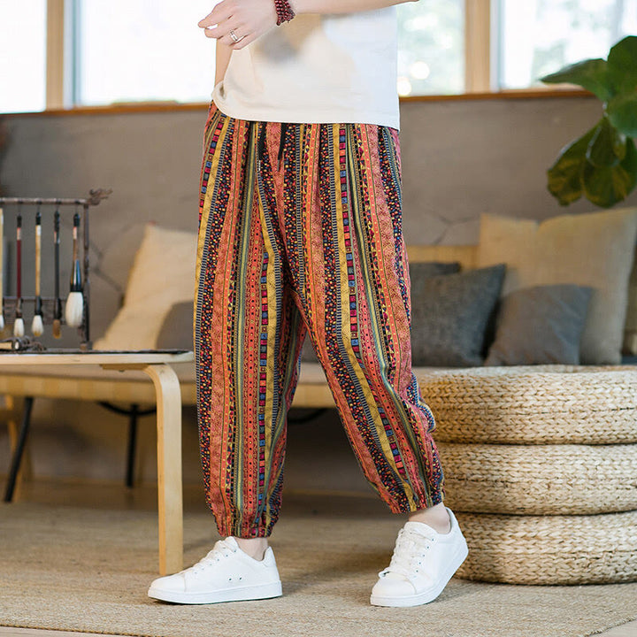 Buddha Stones Colorful Stripes Cotton Linen Men's Ankle-Length Harem Pants With Pockets - image 12