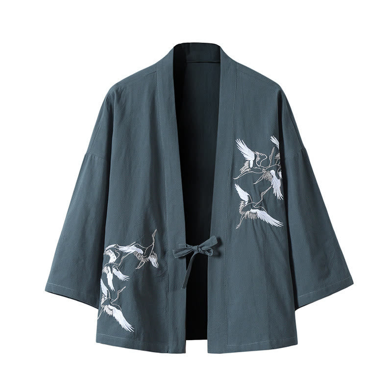 Buddha Stones Embroidery Flying White Cranes Cotton Linen Open Front Jacket Men's Kimono - CadetBlue - US/UK/AU46，EU56 (5XL) - image 1