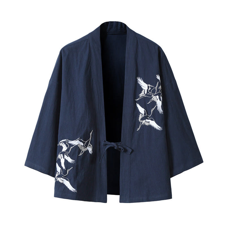 Buddha Stones Embroidery Flying White Cranes Cotton Linen Open Front Jacket Men's Kimono - SteelBlue - US/UK/AU46，EU56 (5XL) - image 15