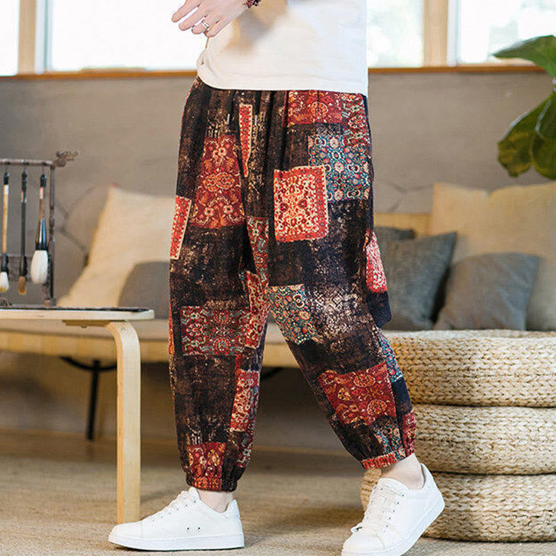 Buddha Stones Summer Square Patchwork Cotton Linen Men's Ankle-Length Harem Pants With Pockets - image 2