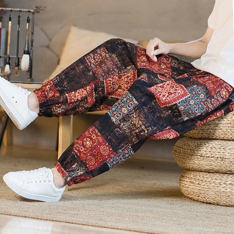 Buddha Stones Summer Square Patchwork Cotton Linen Men's Ankle-Length Harem Pants With Pockets - image 6