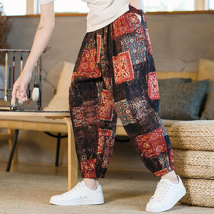 Buddha Stones Summer Square Patchwork Cotton Linen Men's Ankle-Length Harem Pants With Pockets - image 5