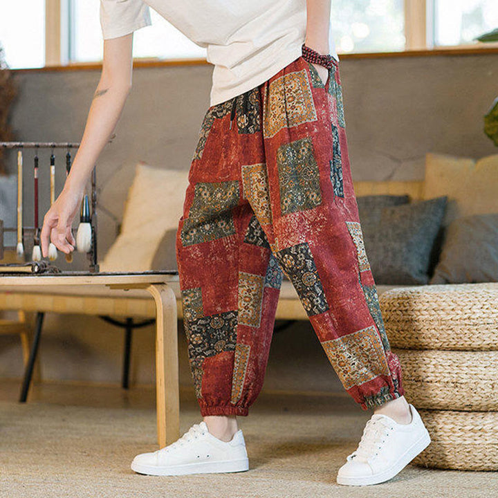 Buddha Stones Summer Square Patchwork Men's Ankle-Length Harem Pants With Pockets - image 14