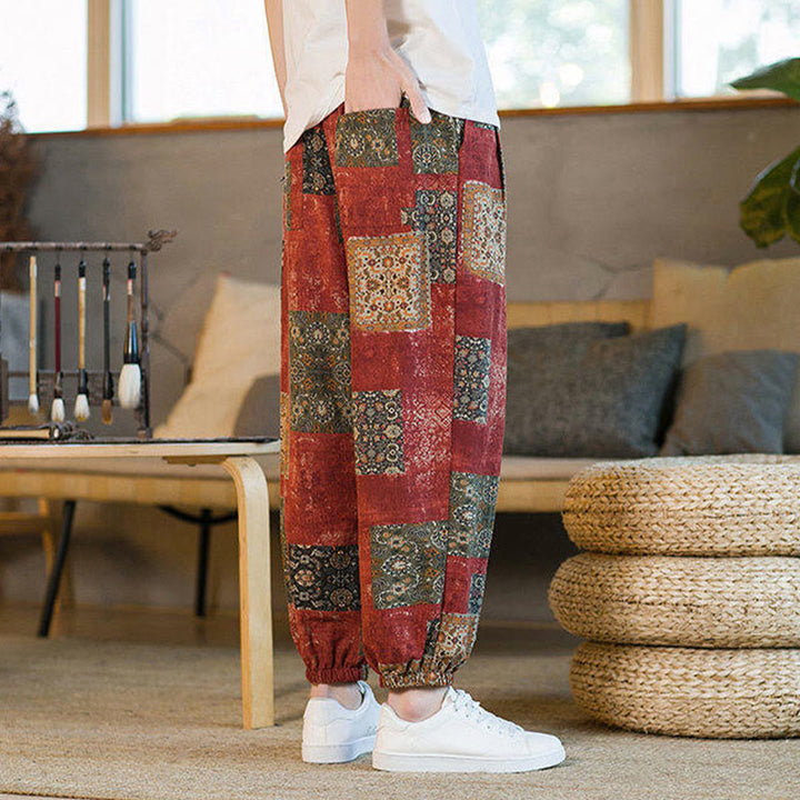 Buddha Stones Summer Square Patchwork Cotton Linen Men's Ankle-Length Harem Pants With Pockets - image 13