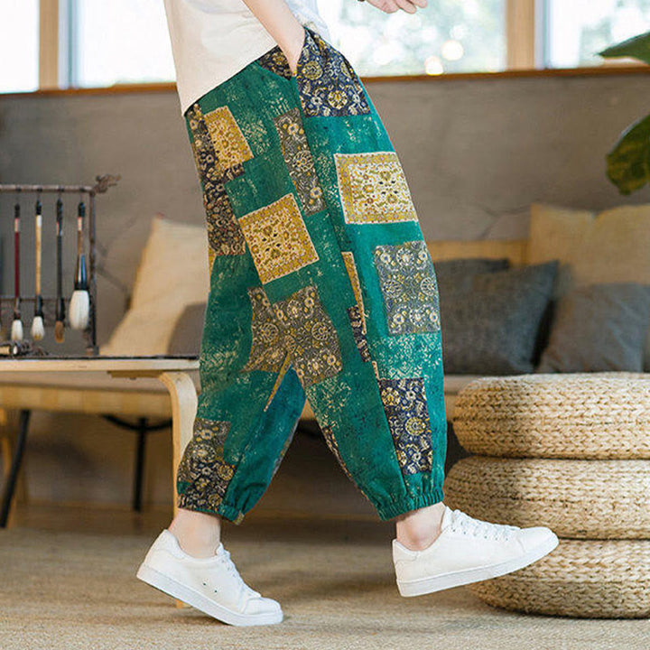 Buddha Stones Summer Square Patchwork Cotton Linen Men's Ankle-Length Harem Pants With Pockets - image 24