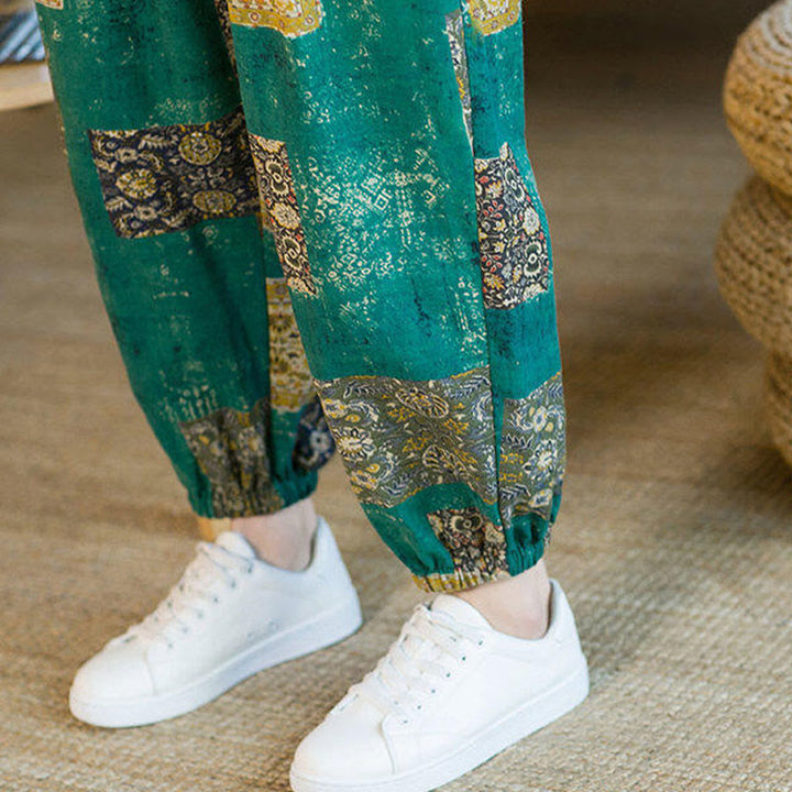 Buddha Stones Summer Square Patchwork Cotton Linen Men's Ankle-Length Harem Pants With Pockets - image 28