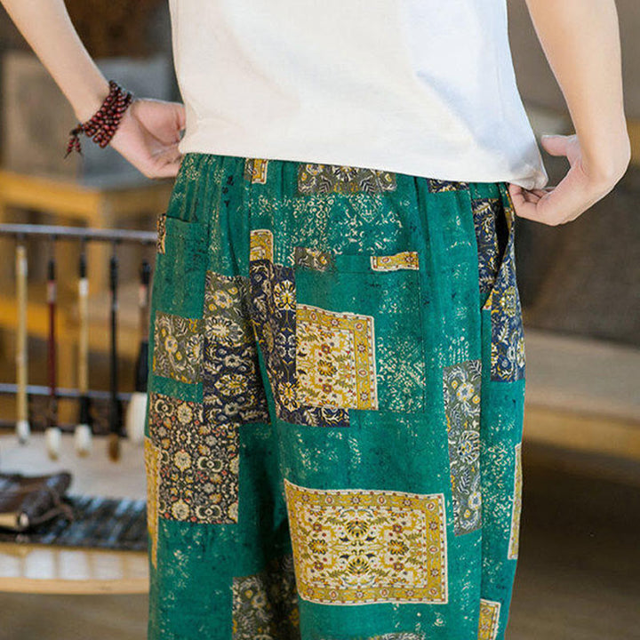 Buddha Stones Summer Square Patchwork Cotton Linen Men's Ankle-Length Harem Pants With Pockets - image 25