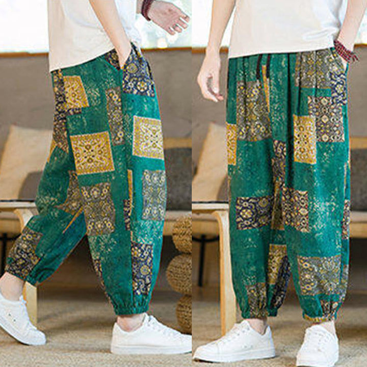 Buddha Stones Summer Square Patchwork Cotton Linen Men's Ankle-Length Harem Pants With Pockets - image 30