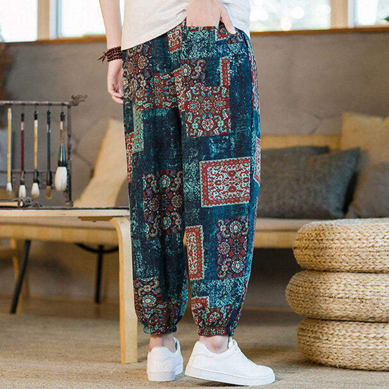 Buddha Stones Summer Square Patchwork Cotton Linen Men's Ankle-Length Harem Pants With Pockets - image 35