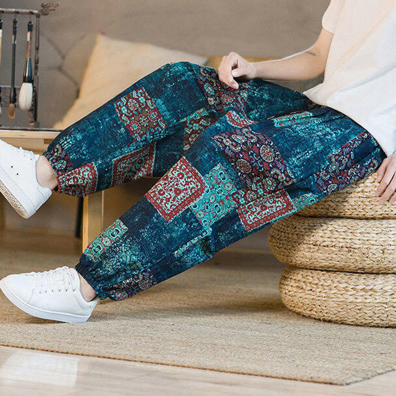 Buddha Stones Summer Square Patchwork Cotton Linen Men's Ankle-Length Harem Pants With Pockets - image 39