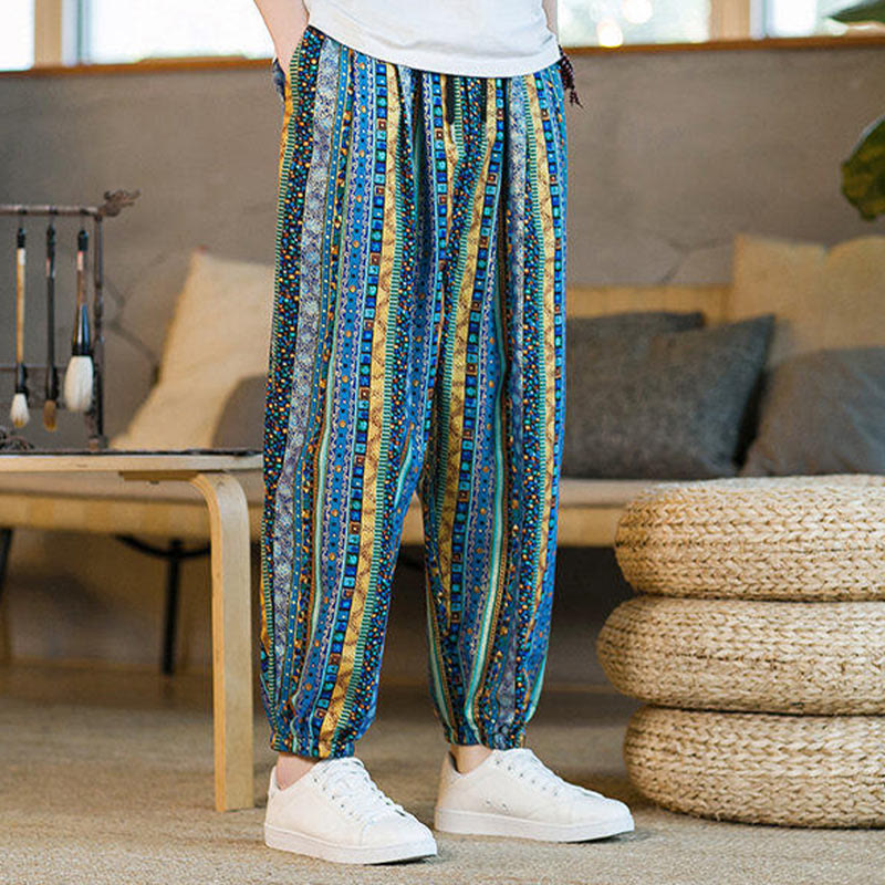 Buddha Stones Colorful Stripes Cotton Linen Men's Ankle-Length Harem Pants With Pockets - image 2