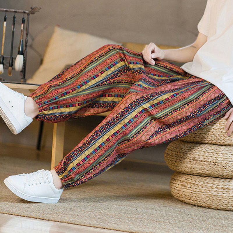 Buddha Stones Colorful Stripes Cotton Linen Men's Ankle-Length Harem Pants With Pockets - image 16