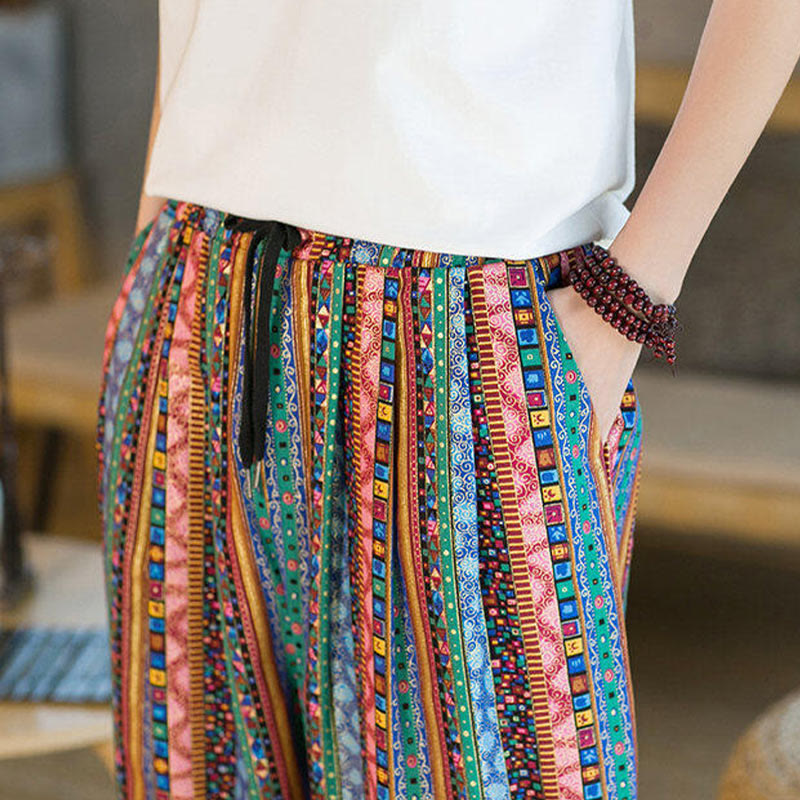 Buddha Stones Colorful Stripes Cotton Linen Men's Ankle-Length Harem Pants With Pockets - image 27