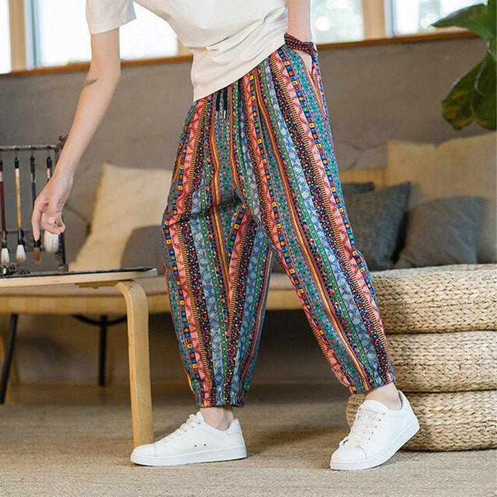 Buddha Stones Colorful Stripes Cotton Linen Men's Ankle-Length Harem Pants With Pockets - image 24