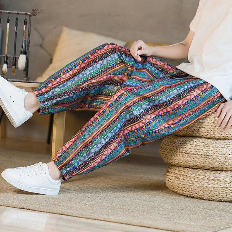 Buddha Stones Colorful Stripes Cotton Linen Men's Ankle-Length Harem Pants With Pockets - image 26