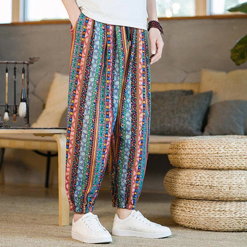 Buddha Stones Colorful Stripes Cotton Linen Men's Ankle-Length Harem Pants With Pockets - image 23
