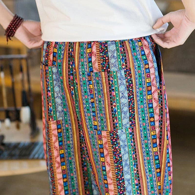 Buddha Stones Colorful Stripes Cotton Linen Men's Ankle-Length Harem Pants With Pockets - image 30