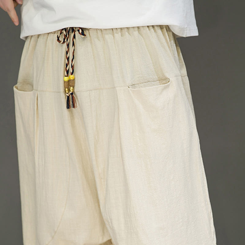 Buddha Stones Casual Drawstring Cotton Linen Men's Capri Harem Pants With Pockets - image 10