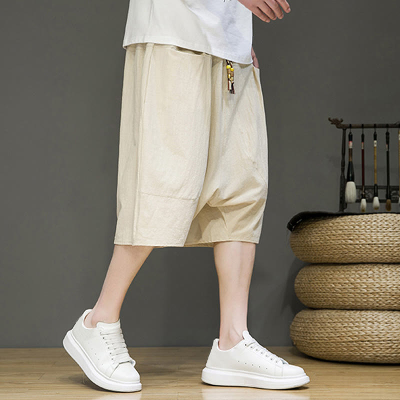 Buddha Stones Casual Drawstring Cotton Linen Men's Capri Harem Pants With Pockets - image 4