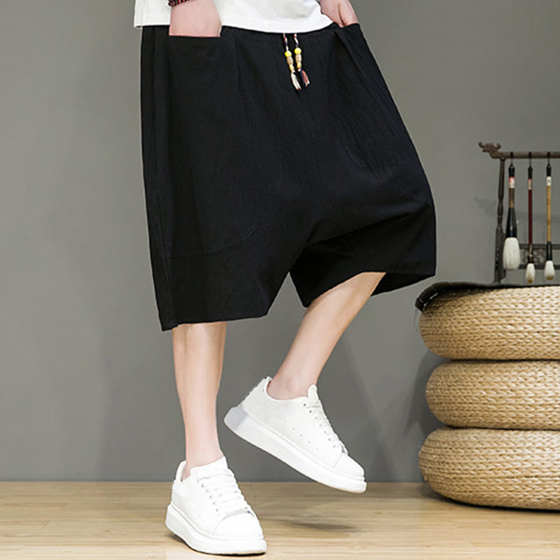 Buddha Stones Casual Drawstring Cotton Linen Men's Capri Harem Pants With Pockets - image 18