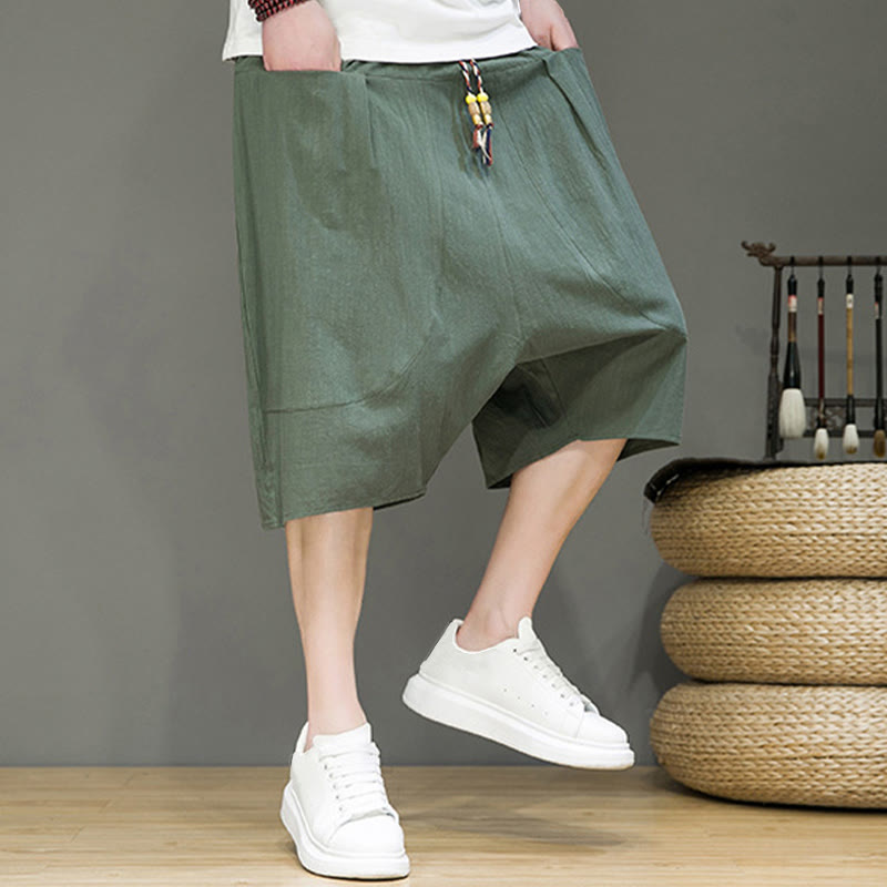 Buddha Stones Casual Drawstring Cotton Linen Men's Capri Harem Pants With Pockets - image 26