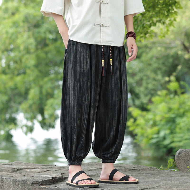 Buddha Stones Summer Black Stripes Drawstring Men's Harem Pants With Pockets - image 2