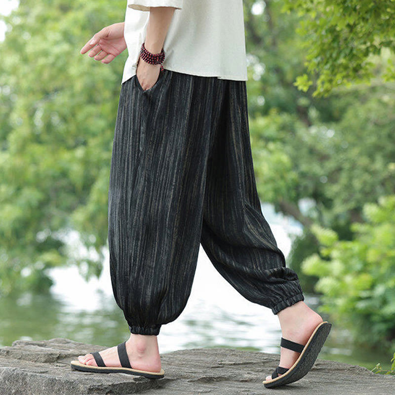 Buddha Stones Summer Black Stripes Drawstring Men's Harem Pants With Pockets - image 4