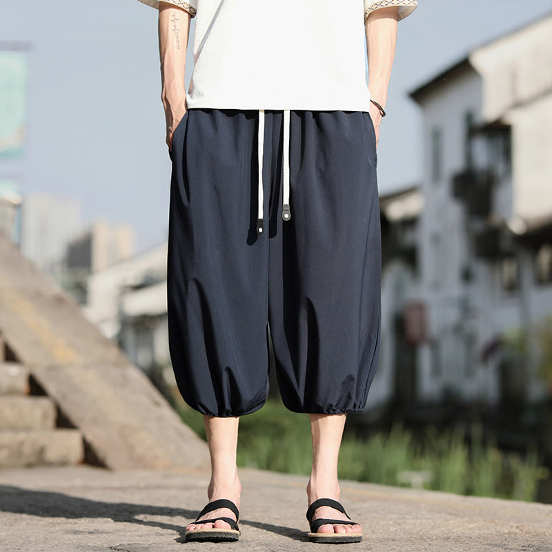 Buddha Stones Solid Drawstring Men's Capri Cropped Harem Pants With Pockets - SteelBlue - US/UK/AU46，EU56 (5XL) - image 0