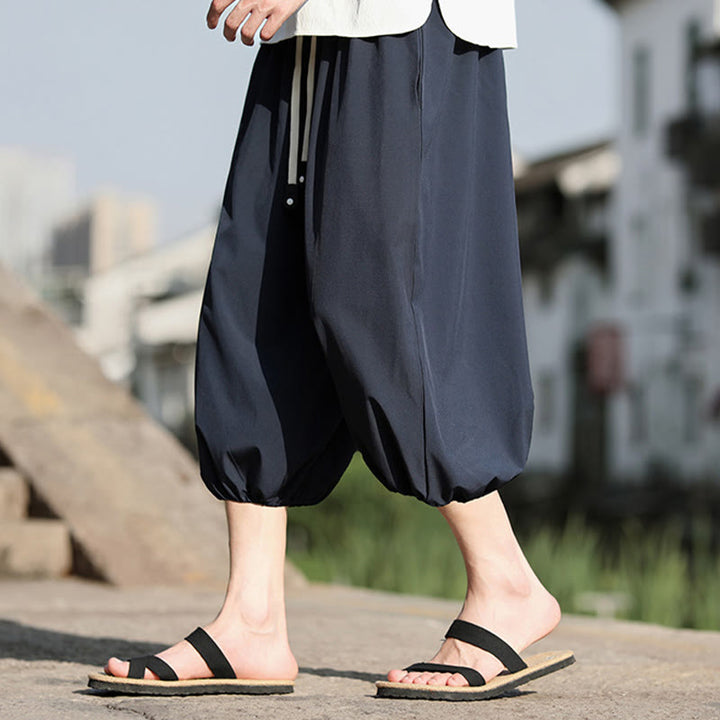 Buddha Stones Solid Drawstring Men's Capri Cropped Harem Pants With Pockets - image 2